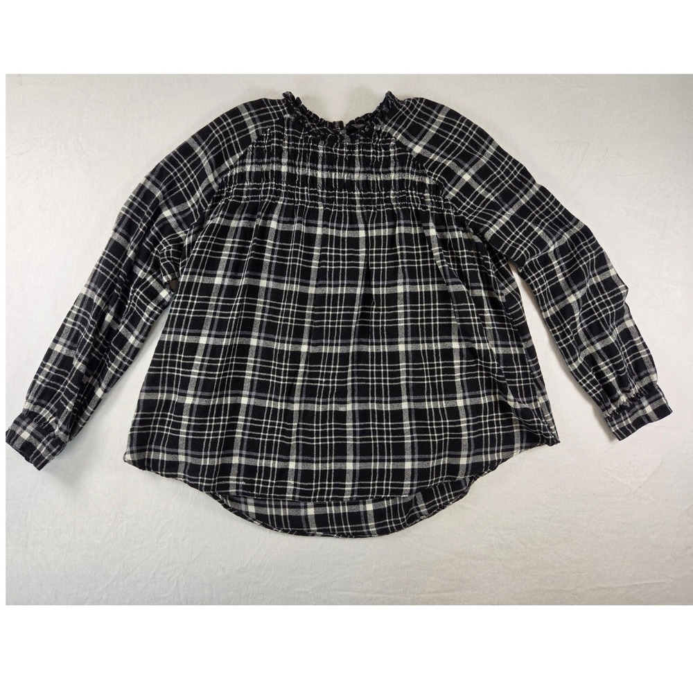 Lucky Brand Women Light Flannel Peasant Black Plaid Long Sleeve Blouse Top Sz L